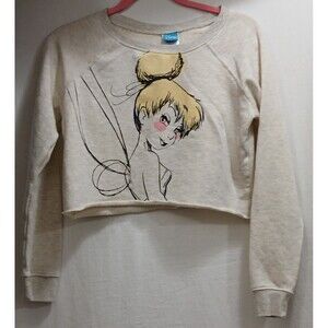 Disney Tinker Bell Cropped Sweatshirt Juniors Medium Beige Tan Magical Sketch